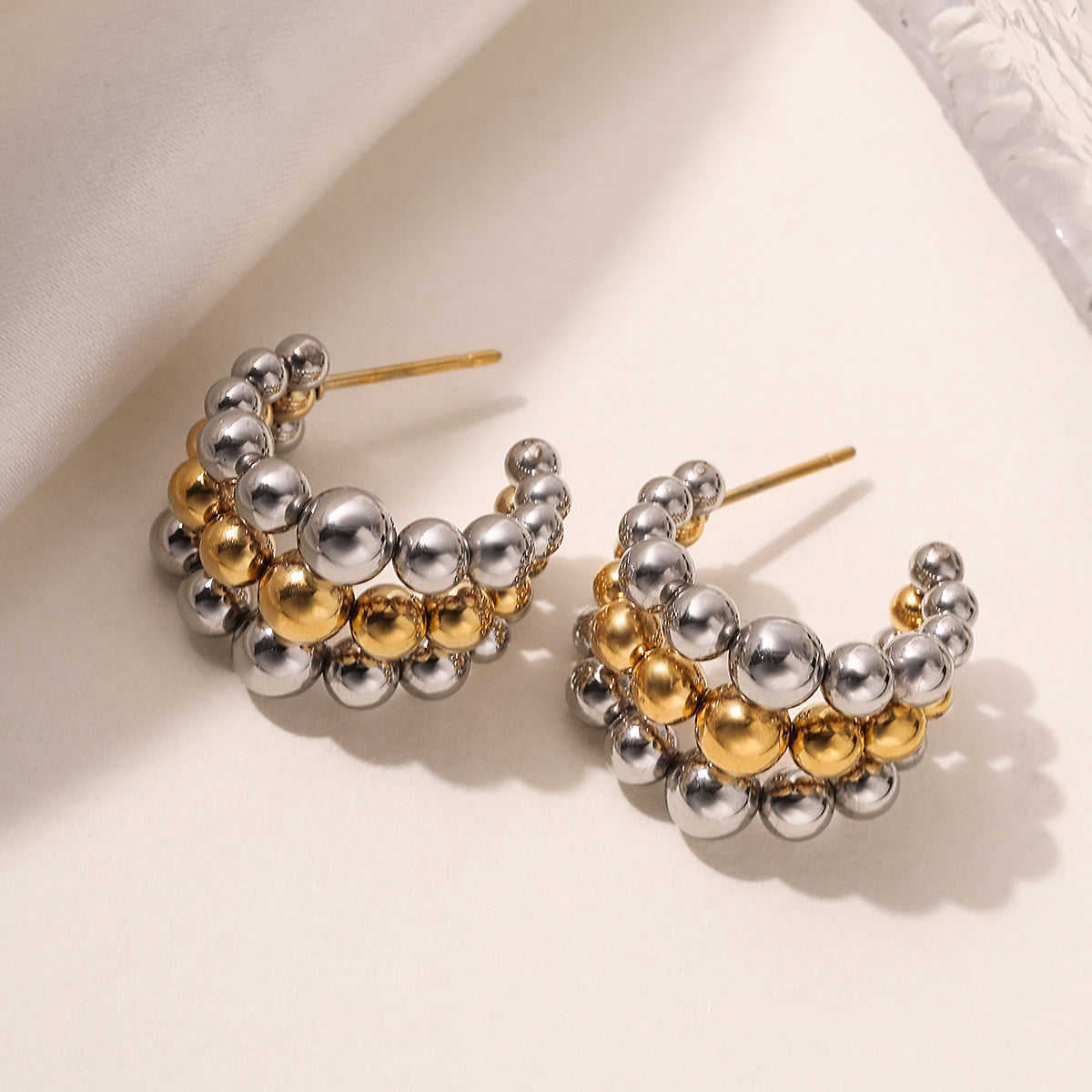 Minimalist Luxe Two-Tone Stainless Steel Beaded Earrings for Women Geometric Irregular Design Electroplated Fashion Everyday Jewelry