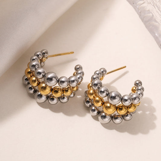 Minimalist Luxe Two-Tone Stainless Steel Beaded Earrings for Women Geometric Irregular Design Electroplated Fashion Everyday Jewelry