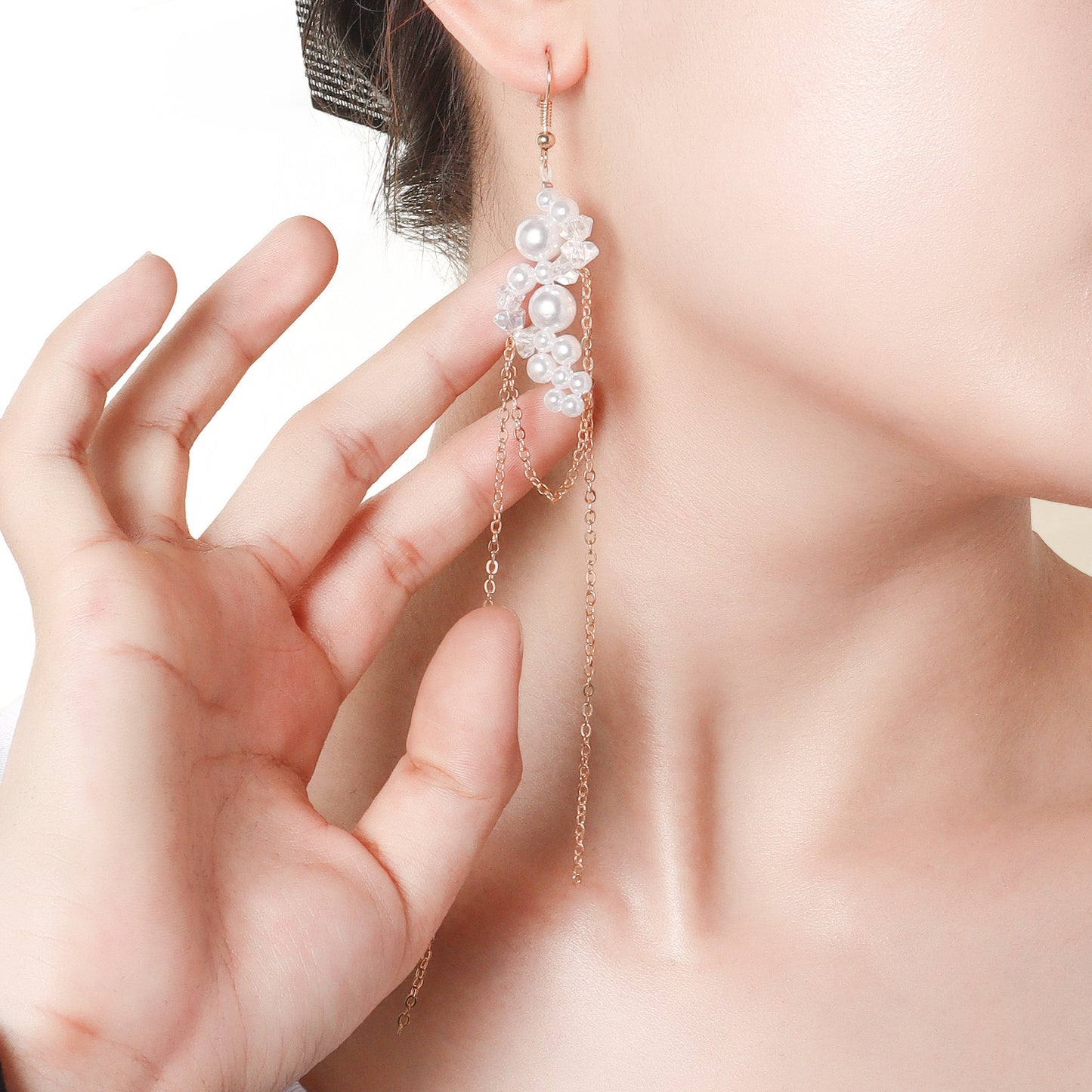 Minimalist Geometric Moon-Shaped Alloy Earrings for Women with Plated Finish and Pearl-Like Tassel Detail