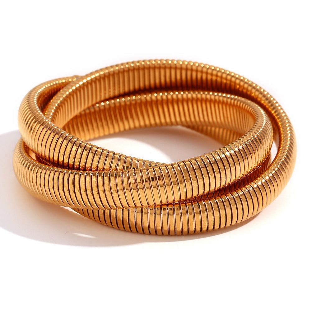 Minimalist Titanium Steel Bracelet with 18K Gold Plated Triple-Wrap Elastic Snake Chain for Women