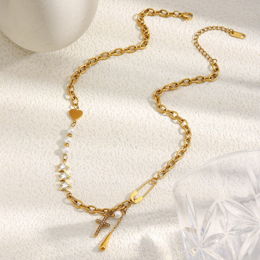 Collana con ciondolo geometrico minimalista in acciaio inossidabile placcato oro 18 carati e nappe per donna