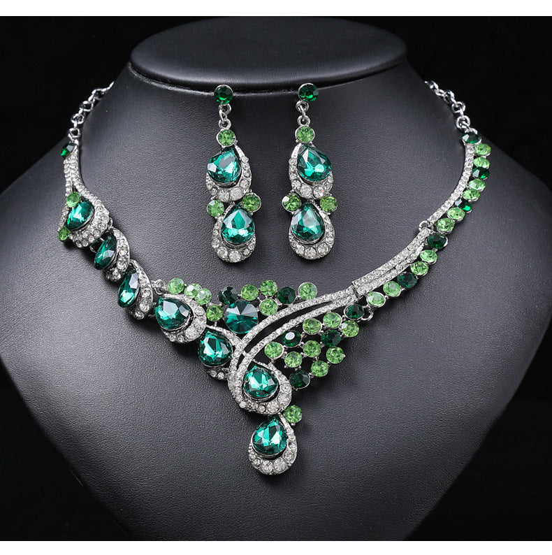 Exaggerated Vintage Alloy Necklace Set for Women with Rhinestone Accents Snake Chain and Matching Earrings Floral Wheat and Tree Motifs