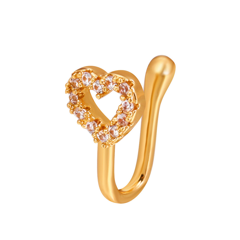 Clip per il naso a forma di U con stella e cuore placcata in rame vintage con zirconia cubica