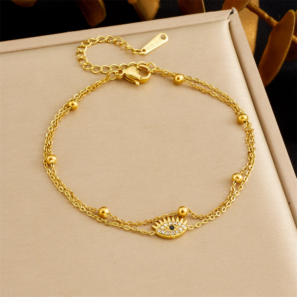 Sweet Minimalist Floral Star Heart Stainless Steel Plated Pearl Rhinestone Double Layer Bracelet for Women