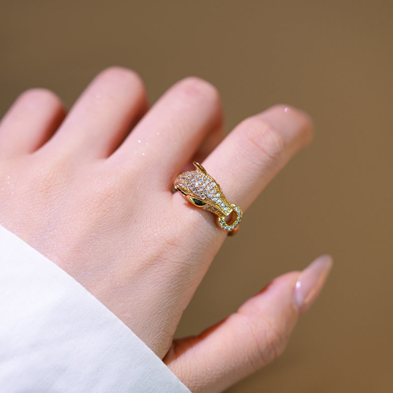 Luxury Hip Hop Leopard Ring for Women in Gold Plated Copper with Zirconia Geometric Animal Design