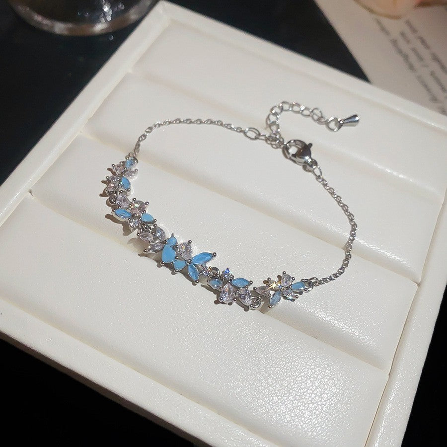 Sweet Minimalist Geometric Floral Brass Bracelet with Cubic Zirconia Inlay for Women