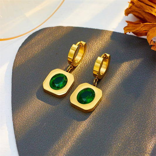 Pendientes de titanio con forma de cristal facetado verde geométrico de estilo vintage con acabado chapado