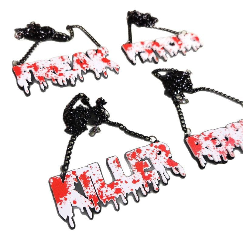 Collar con colgante de letras acrílicas atrevidas con diseño de gota de sangre para mujer, cadena tipo O, acabado impreso