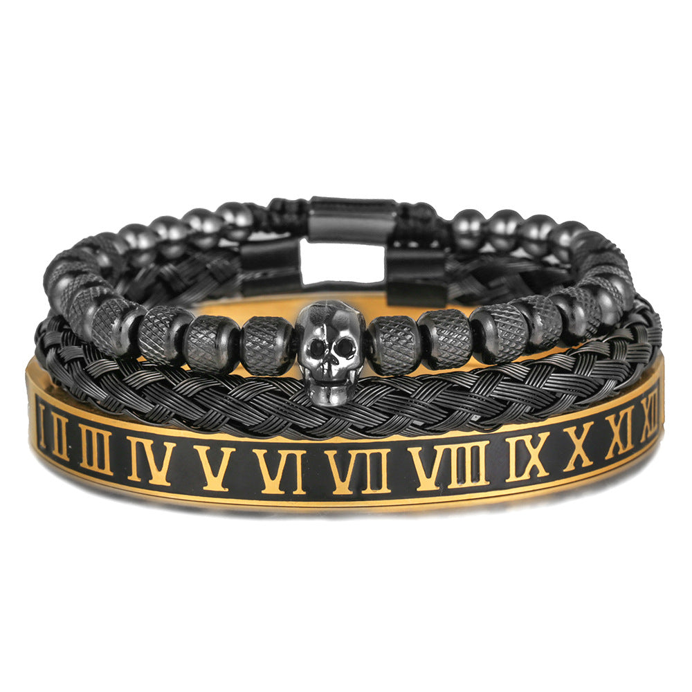 Vintage Streetwear Skull Letter Number Braided Titanium Steel Bracelet with Cubic Zirconia