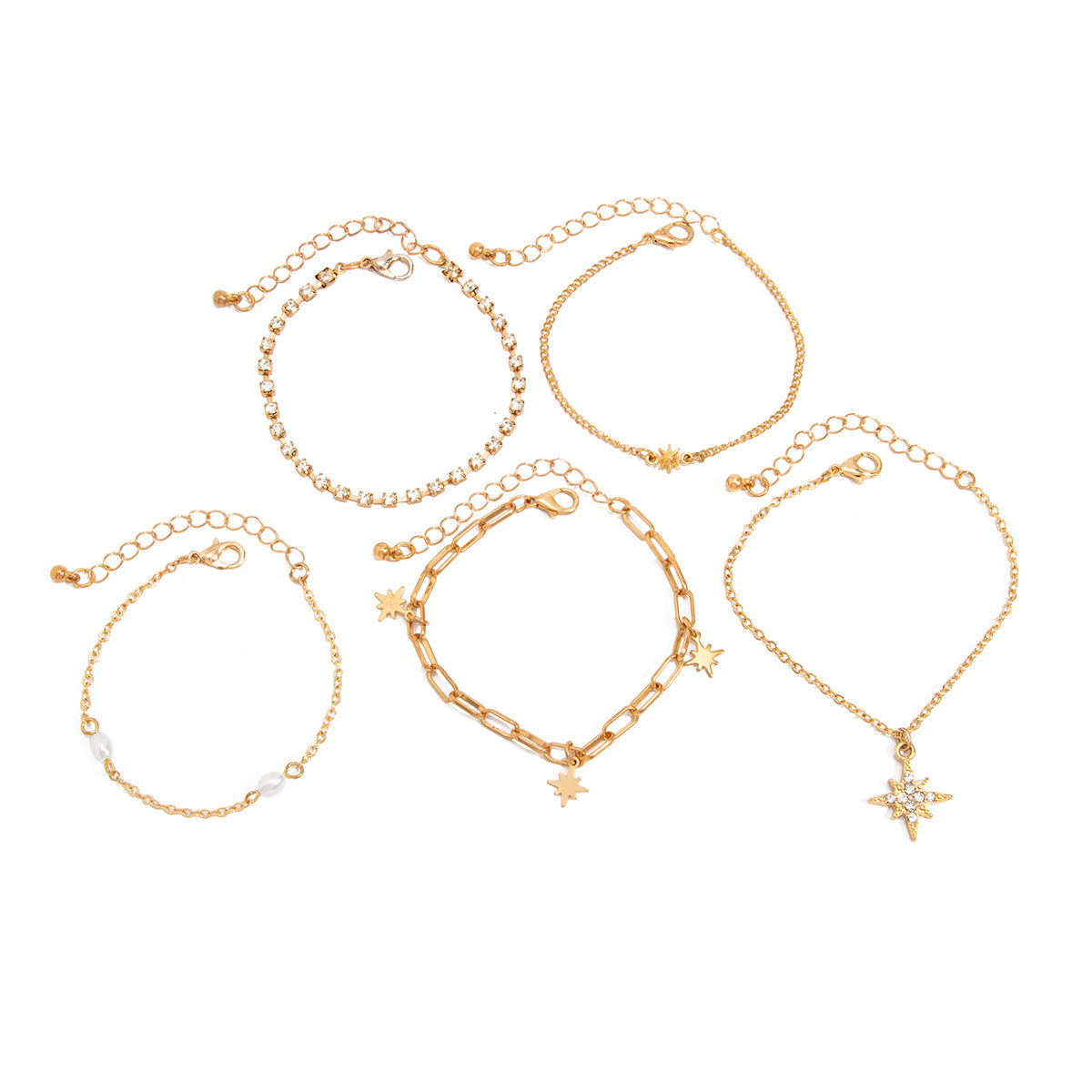 Sweet Eight-Pointed Star Rhinestone Pearl Plated Zinc Alloy Bracelet for Women