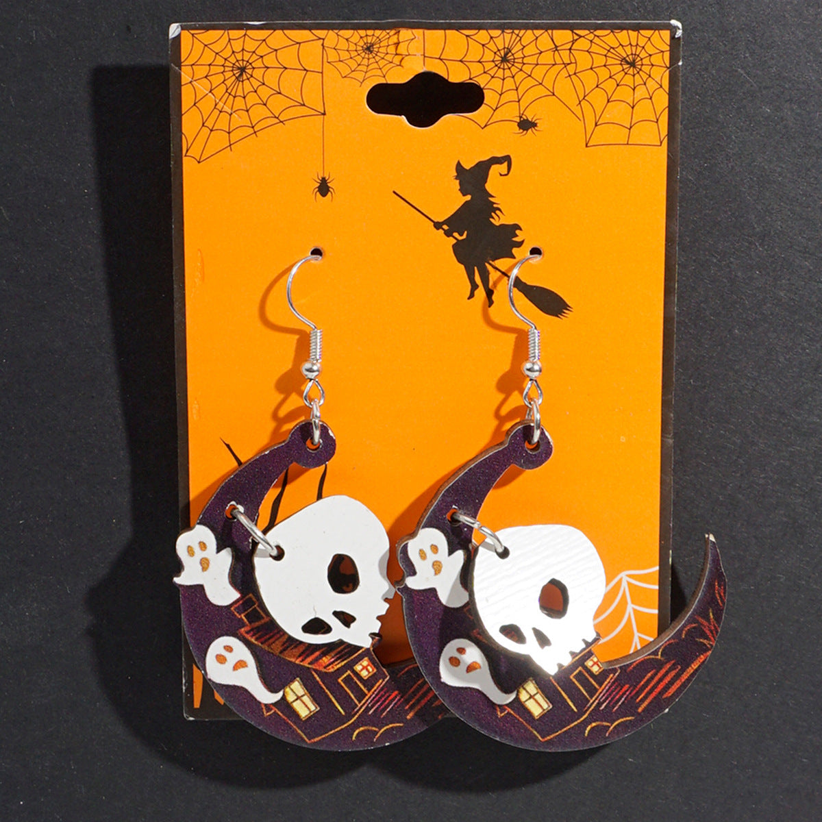 Pendientes de madera con temática de Halloween con fantasma de dibujos animados, calabaza y colgante de calavera para decoración de fiestas