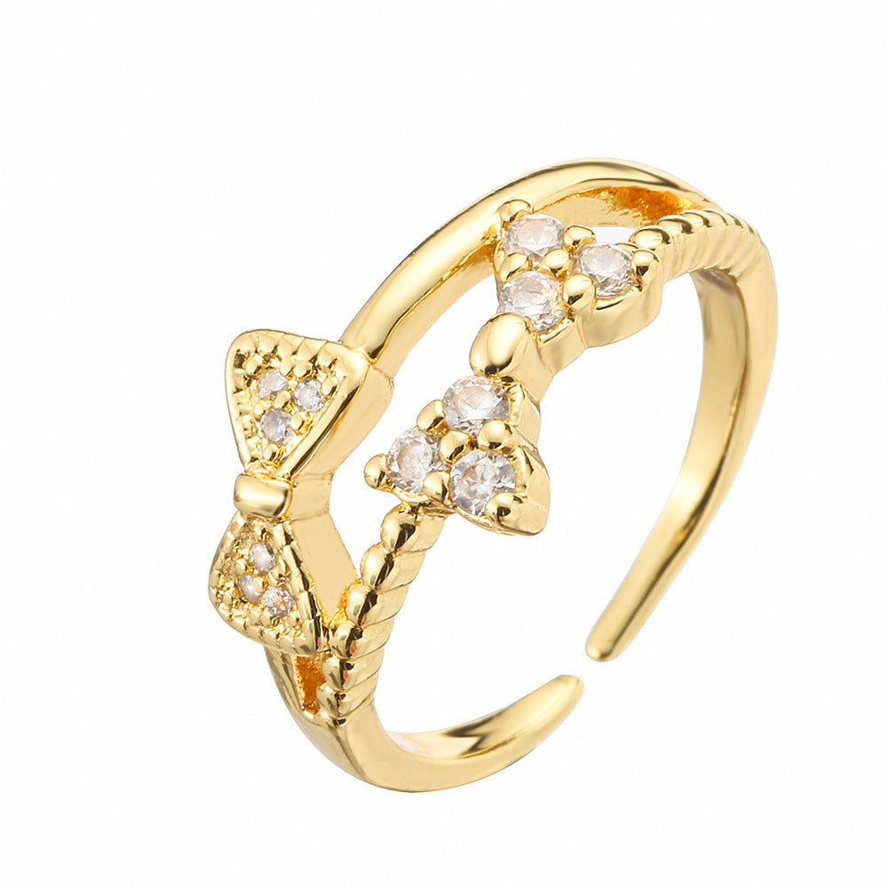 Minimalist Geometric Bowknot Opening Ring for Women in Copper with Gold Plating and Cubic Zirconia Inlay