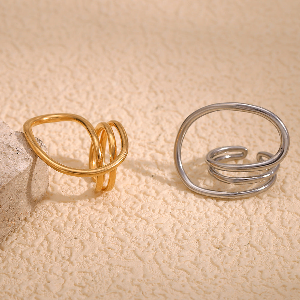 Minimalist Geometric Stainless Steel Ring with 18K Gold Plating for Women Featuring Bold Linear Design