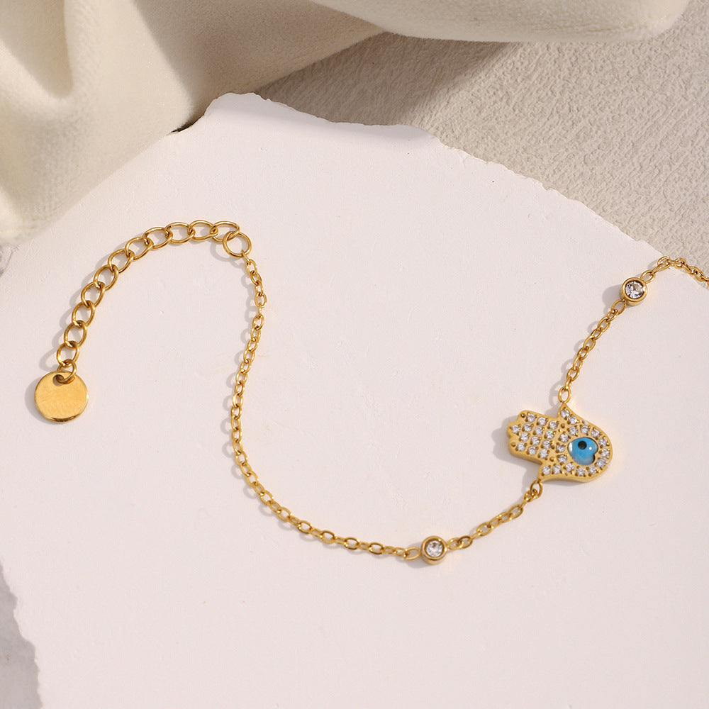 Vintage French-Inspired Geometric Stainless Steel 18K Gold Plated Full Rhinestone Palm Bracelet for Women