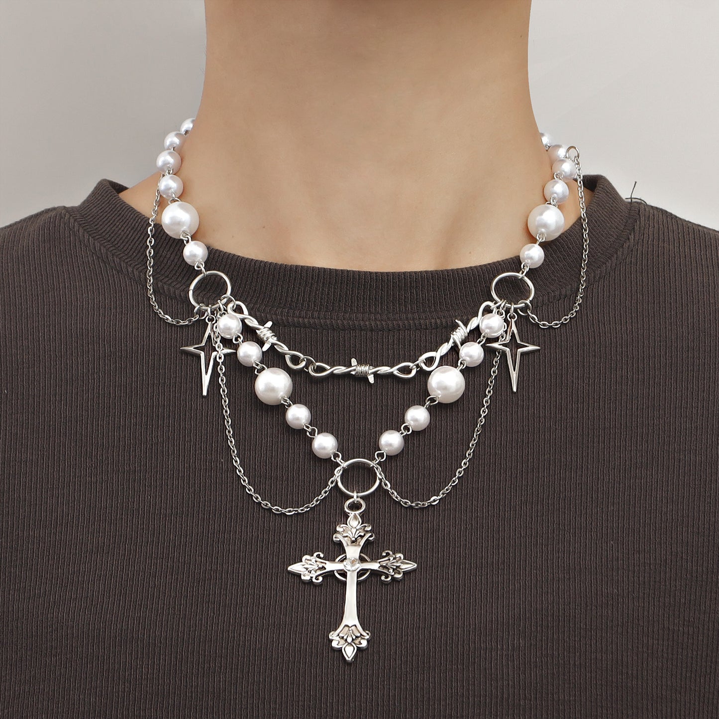 Minimalist Geometric Cross Pendant Necklace for Women with Alloy Chain and Rhodium Plating