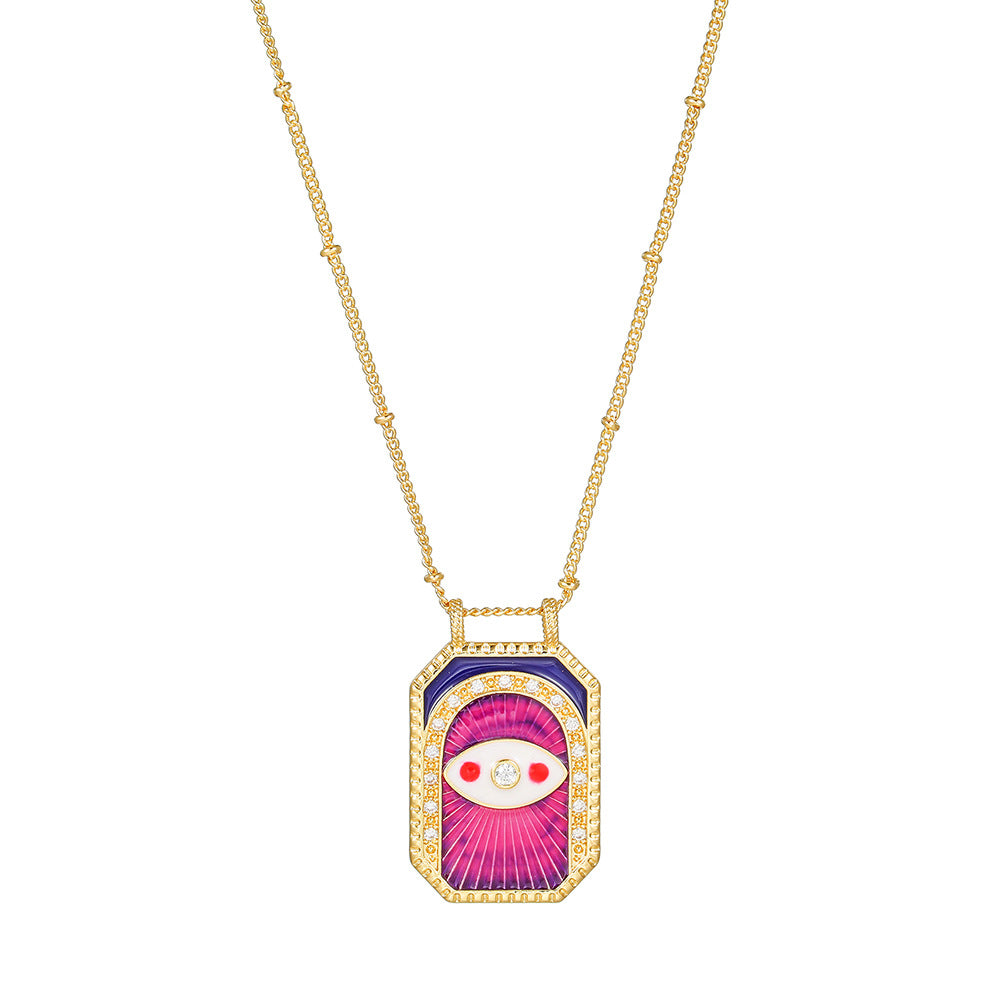 Geometric Gold Plated Brass Drip Oil Cubic Zirconia Inlay Tarot Necklace with Cable Chain