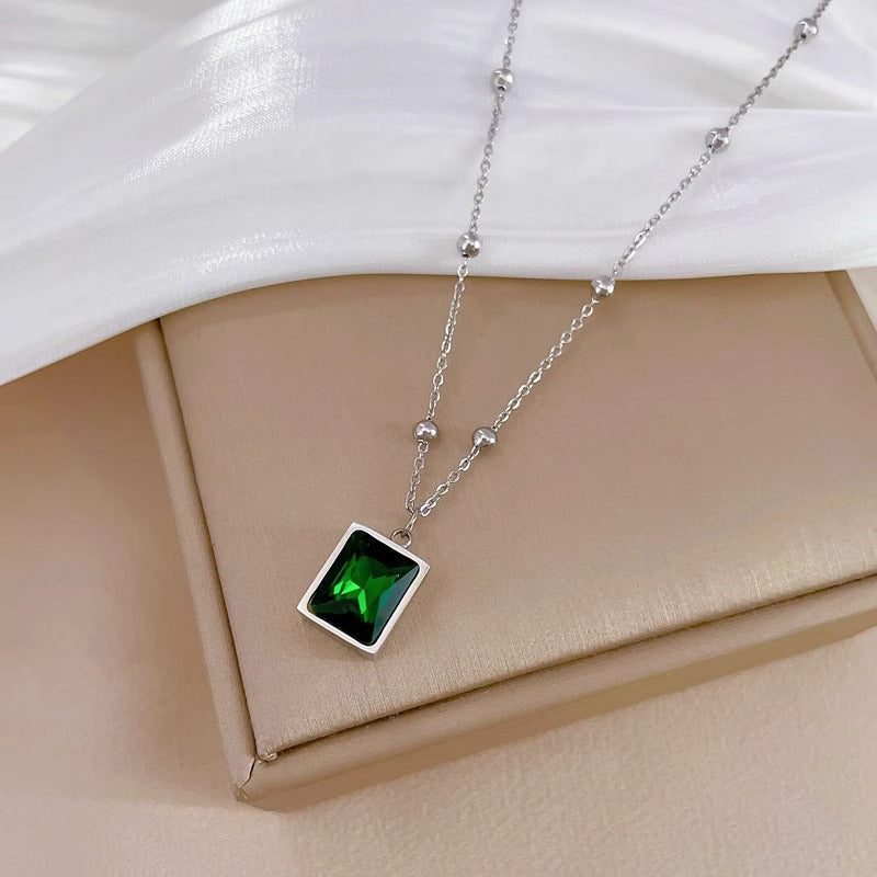 Minimalist Geometric Square Green Gemstone Titanium Steel Necklace with Gold Plating for Women and Men