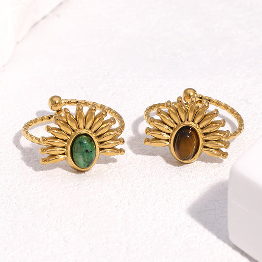 Minimalist Floral-Shaped Stainless Steel Ring with 18K Gold Plating and Natural Stone Inlay for Women
