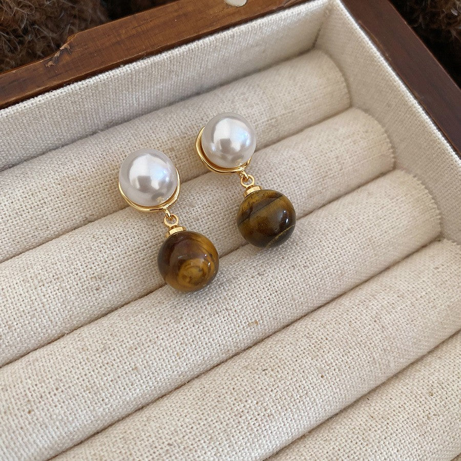 Pendientes de tuerca geométricos de ojo de tigre chapados en bronce mate para mujer, joyería de lujo minimalista artística vintage