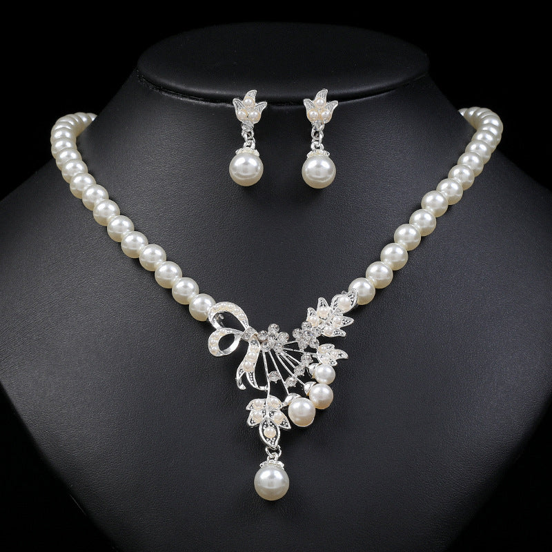 Chic Pearl-Embellished Alloy Drop-Shaped Floral Necklace and Earrings Set for Women with Tulip Peony and Wheat Motifs