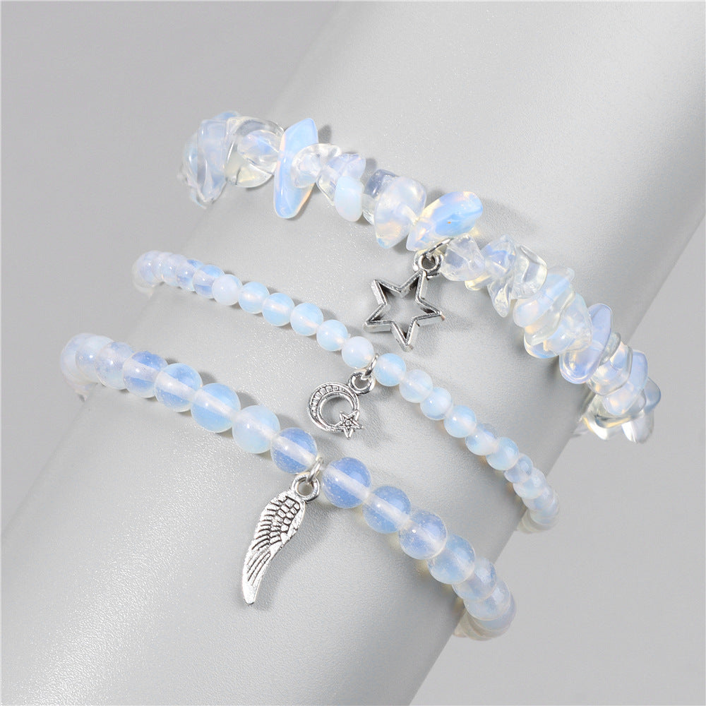Vintage Amethyst Crystal Chip Beads Bracelet with Star Moon Pendant Geometric Irregular Stone Elastic Multi-Layer Bracelet for Women