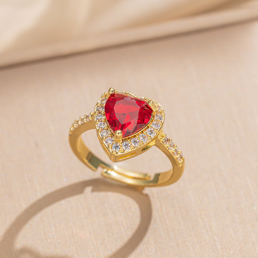 Luxury Minimalist Adjustable Open Ring for Women with Gold-Plated Copper Band and Zircon Stone Accent in Heart and Floral Shape