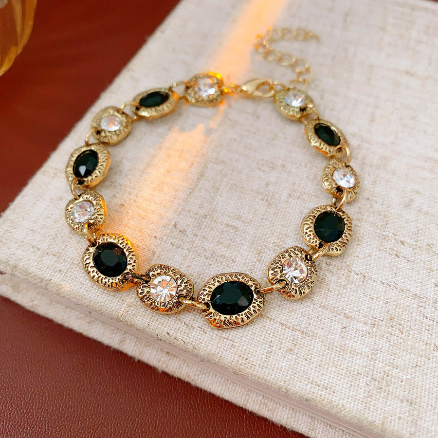 Vintage Luxury Floral Rhinestone Inlay Plated Brass Bracelet for Women
