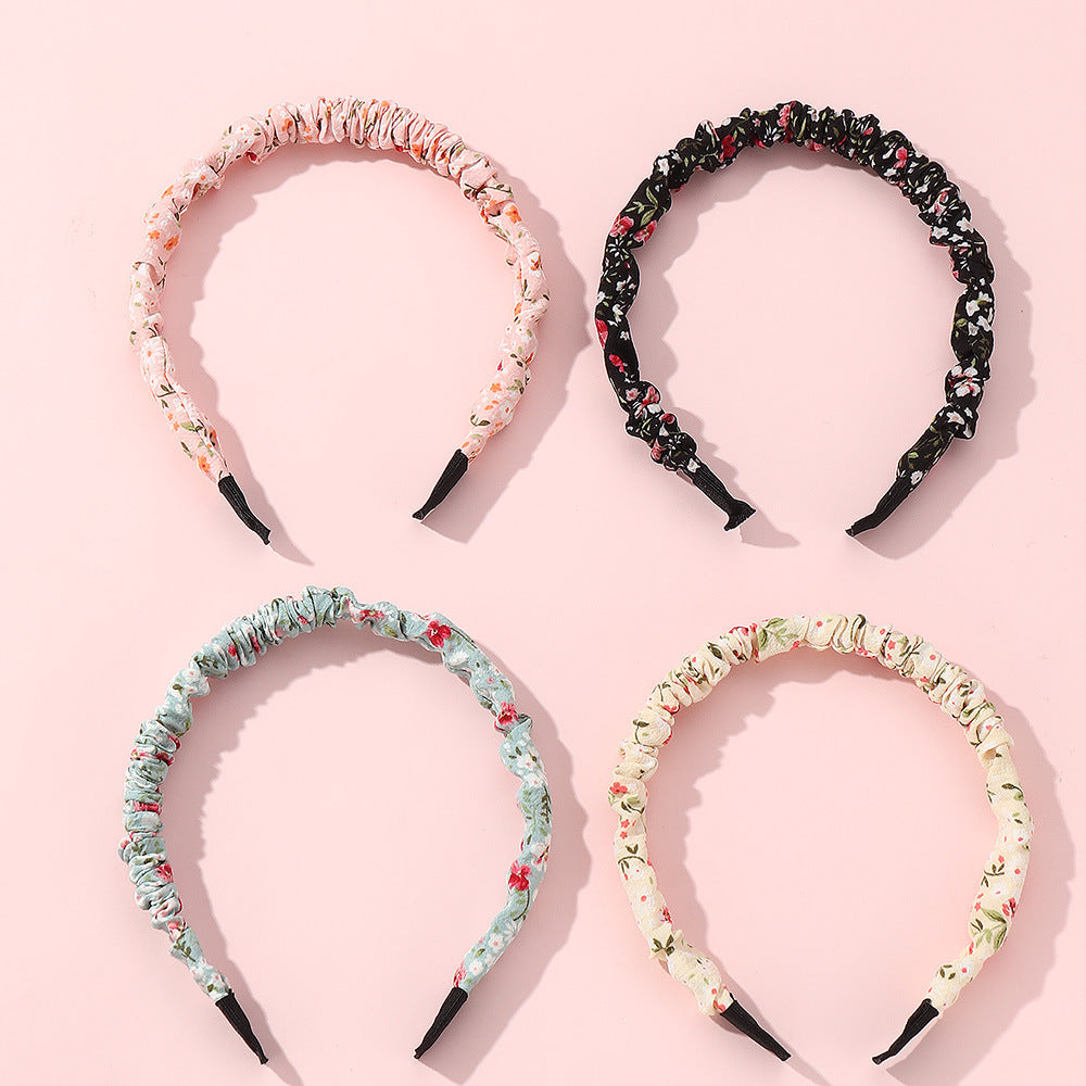 Retro Floral Ruffled Wide-Band Fabric Headband for Girls Summer Minimalist Forest Style Hair Accessory