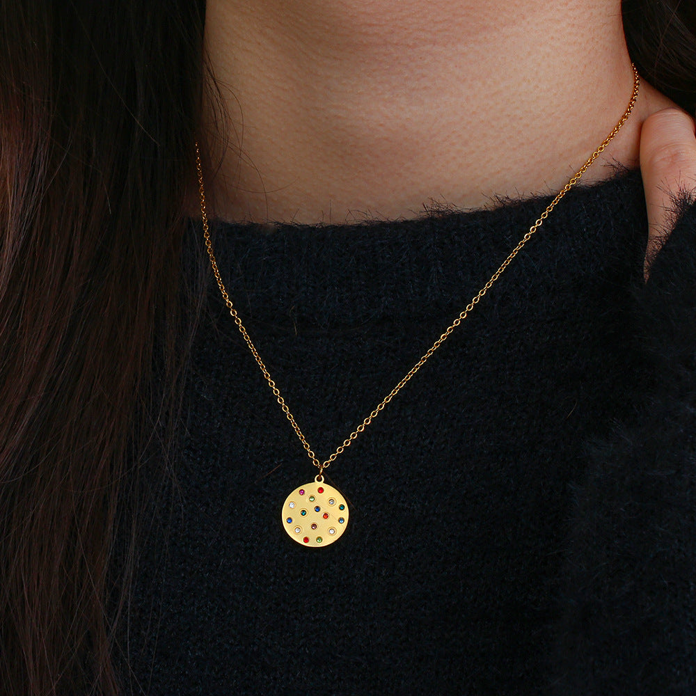 Minimalist Geometric Stainless Steel Pendant Necklace with Crystal Zirconia Round Charm for Women