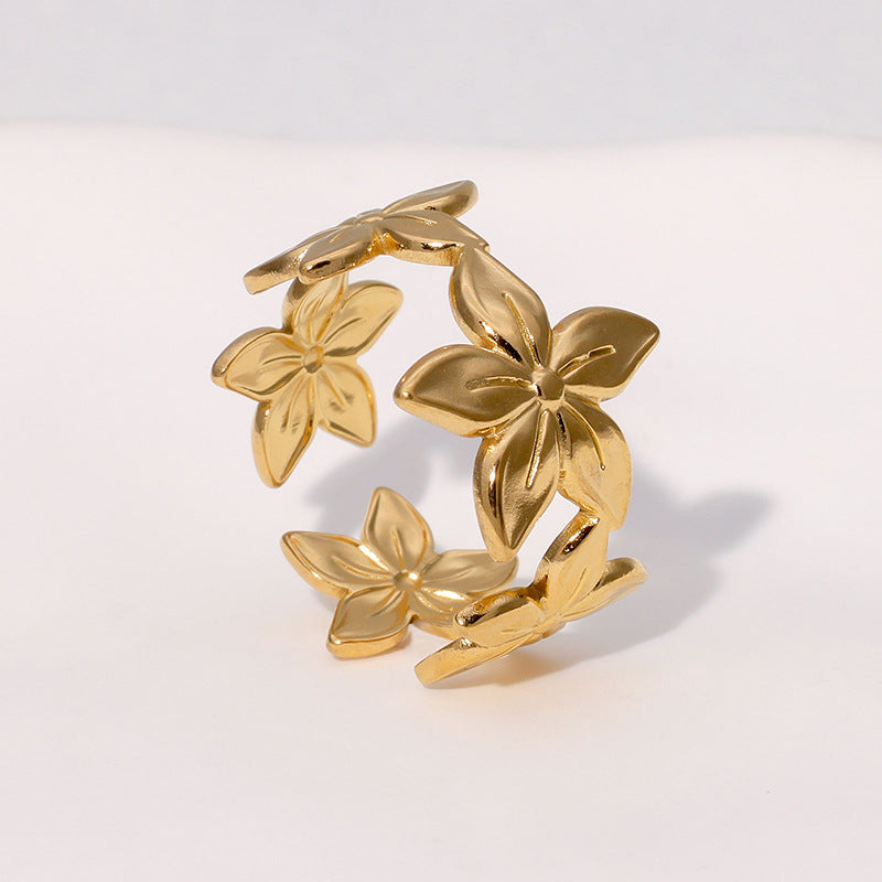 Anello in acciaio inossidabile aperto, minimalista floreale con finitura placcata per donna