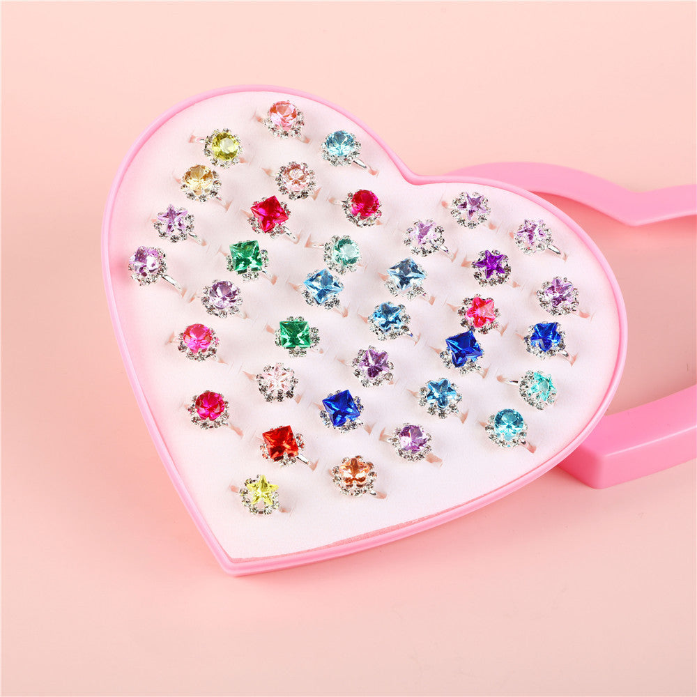 Anello da bambina in stile cartone animato, poligonale, in lega con intarsio di ametista, finitura in polvere scintillante, confezione regalo