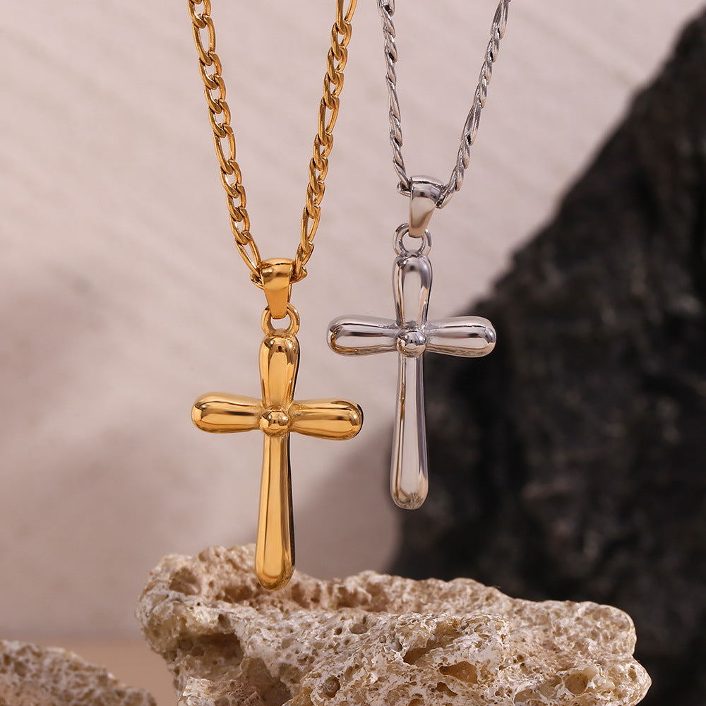 Collana con Ciondolo a Croce Geometrica Minimalista da Donna in Acciaio Inossidabile con Placcatura in Oro 18K su Catena Figaro