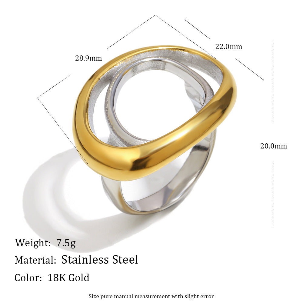 Anillo de acero inoxidable geométrico minimalista con chapado en oro de 18 quilates para mujer, banda ovalada de dos tonos