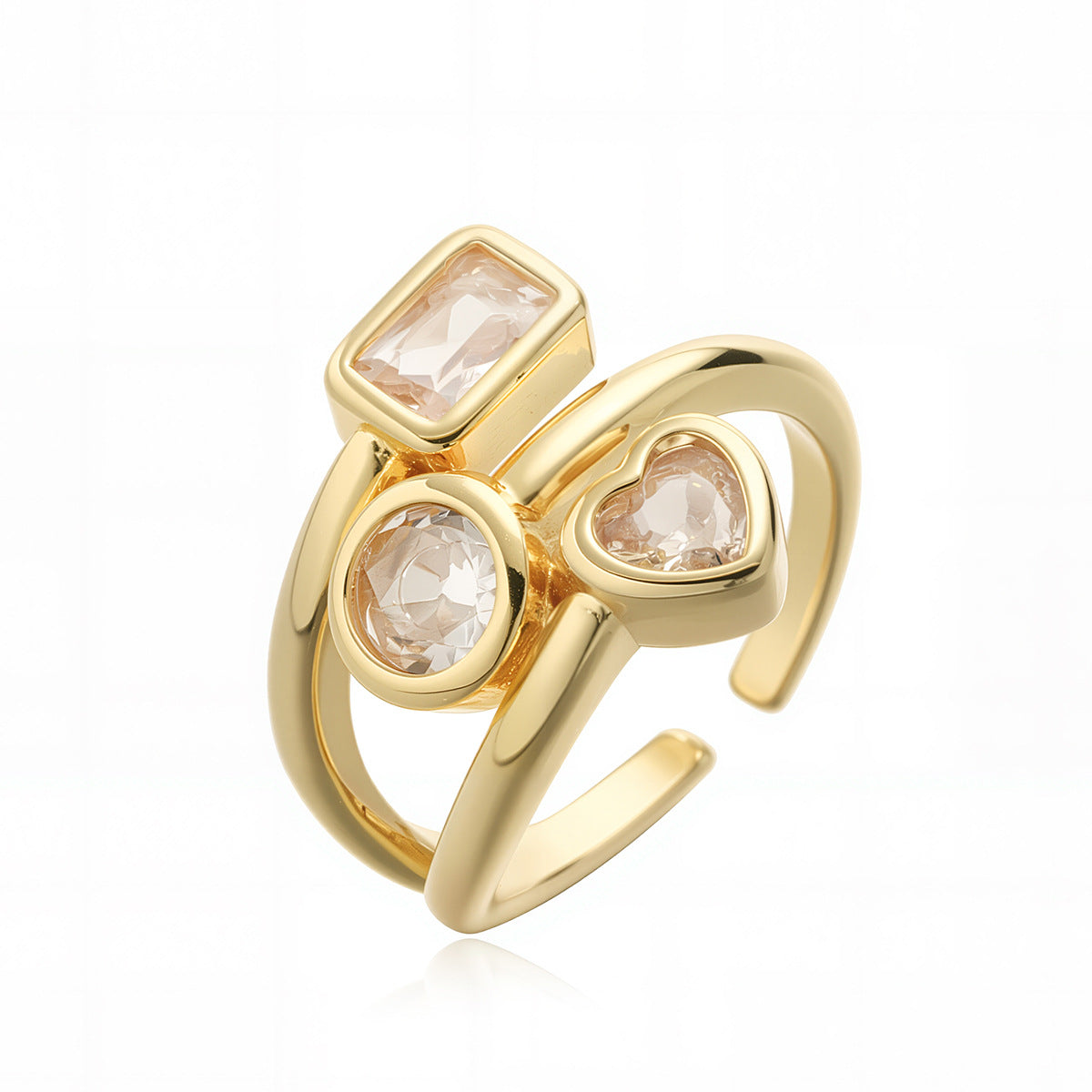 Anello aperto geometrico minimalista in rame con placcatura in vero oro e intarsio di zirconi per donna