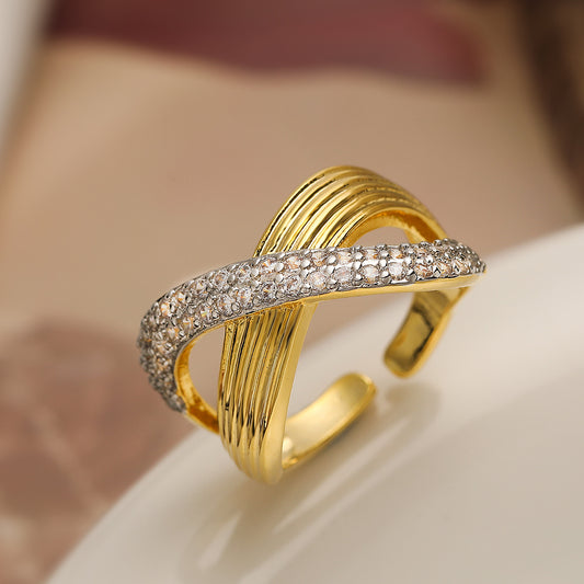 Minimalist Two-Tone Geometric Open Ring for Women with Zircon Inlay and Copper Base