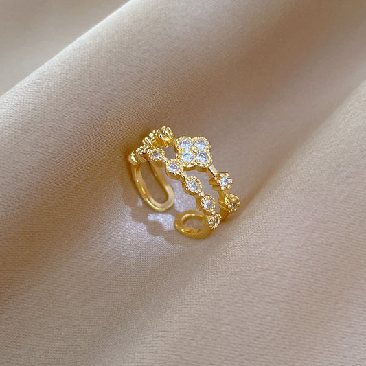 Sweet Minimalist Gold Plated Brass Clover Rhinestone Adjustable Ring for Women and Couples