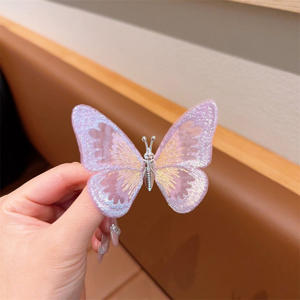Fermaglio per capelli a farfalla dolce per bambini Fermaglio ricamato a mano in tessuto con ali mobili Accessorio laterale per capelli in stile principessa