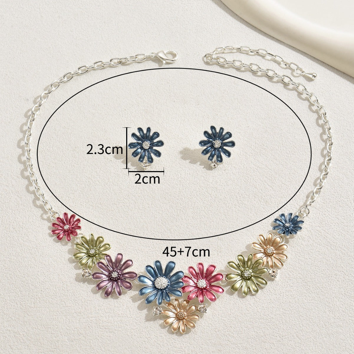 Set di collana e orecchini in lega con fiori margherita alla moda con intarsio di strass per donna