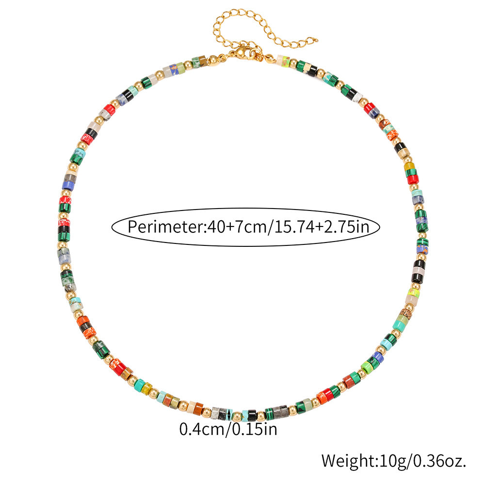Minimalist Geometric Round Colorful Natural Gemstone Beaded Necklace Gold Plated Alloy Cable Chain for Women