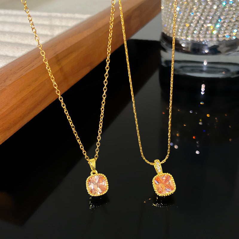 Sweet Sporty Square Geometric Cubic Zirconia Plated Titanium Steel Necklace with Brass Pendant Cable Chain