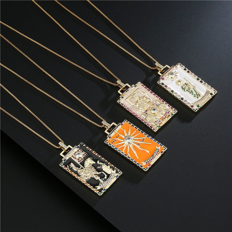 Minimalist Geometric Tarot Pendant Necklace in Copper with 18K Gold Plating and Zircon Inlay for Women