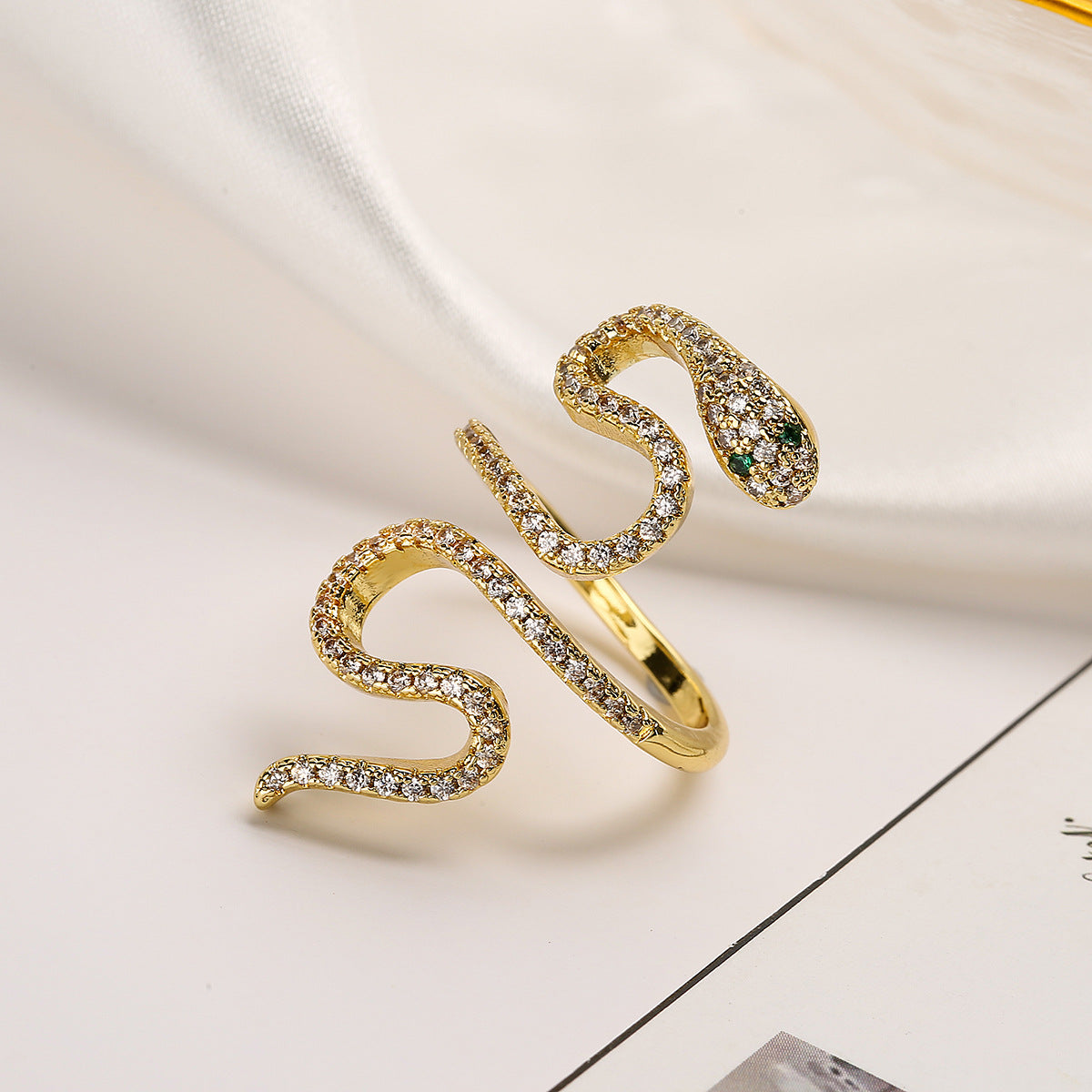 Minimalist Snake-Shaped Geometric Ring for Women in Brass with 18K Gold Plating and Micro-Paved Zircon