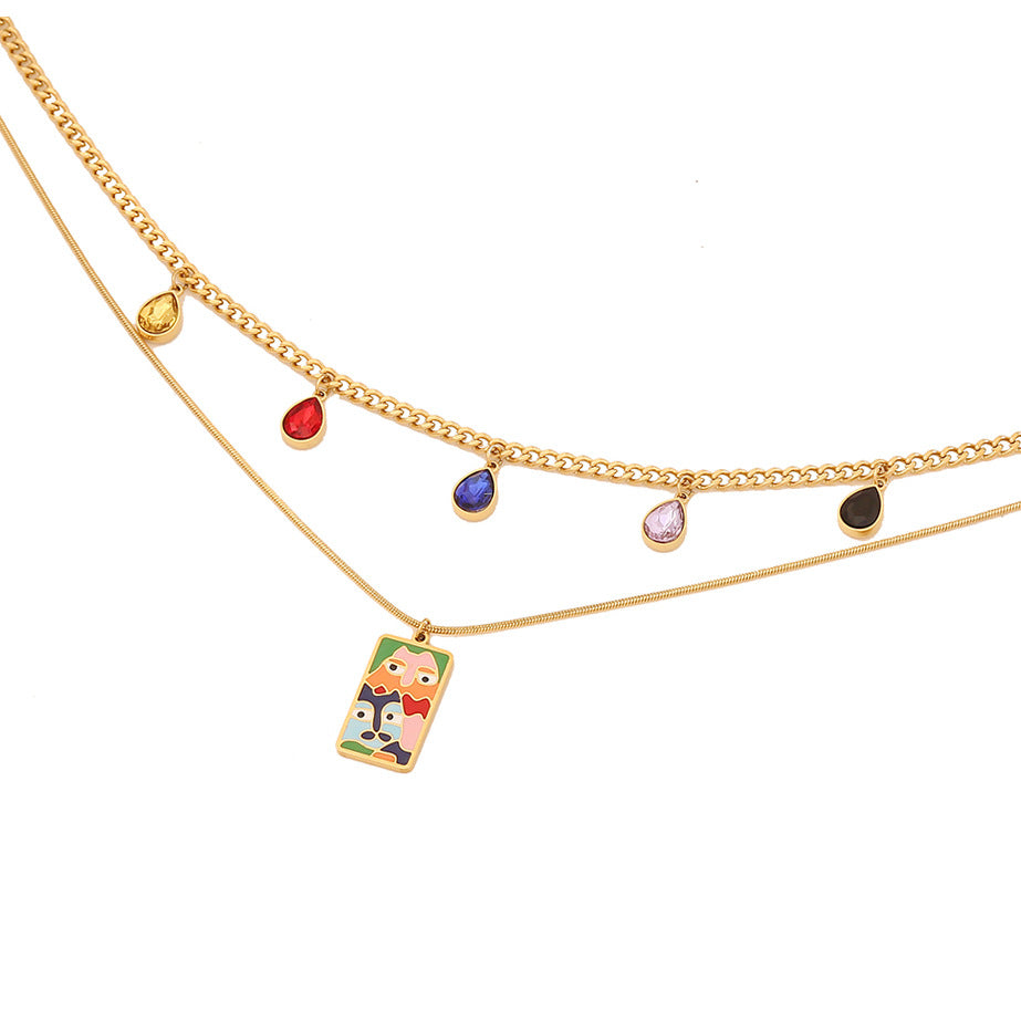 Minimalist Star and Moon Necklace with Enamel Eyes, Stainless Steel Double Layer O-Chain for Women