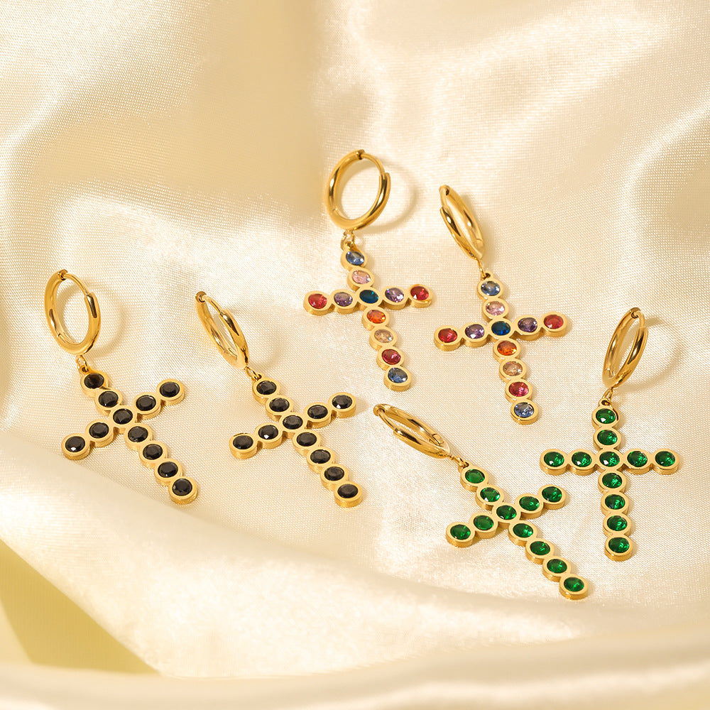 Ins Style Geometric Stainless Steel Cross Stud Earrings with Green Black Colorful or White Zircon Inlay Plated for Women