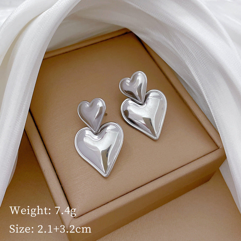 Minimalist Geometric Double Heart Titanium Steel Stud Earrings with Plating Finish for Women