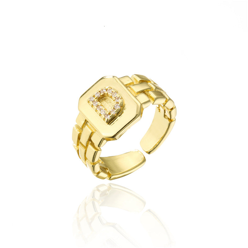 Minimalist Adjustable Open Ring with 18K Gold Plated Copper Band and AAA Zircon Letters Design