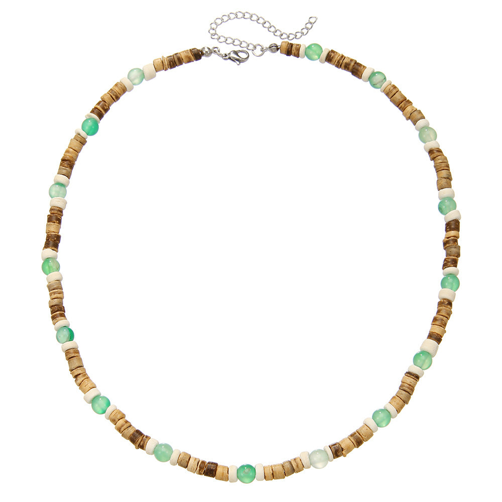 Casual Geometric Round Wood Beaded Necklace with Green Agate for Unisex