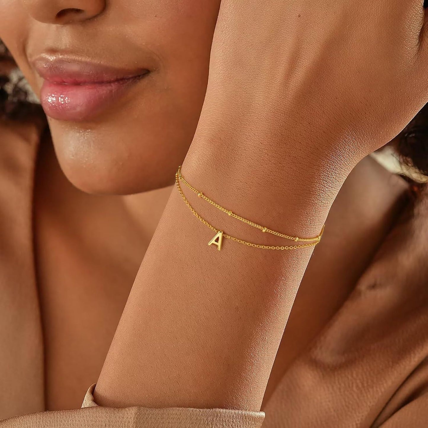 Minimalist Gold Plated Stainless Steel Letter Charm Bracelet Unisex Double Layer Beaded Chain