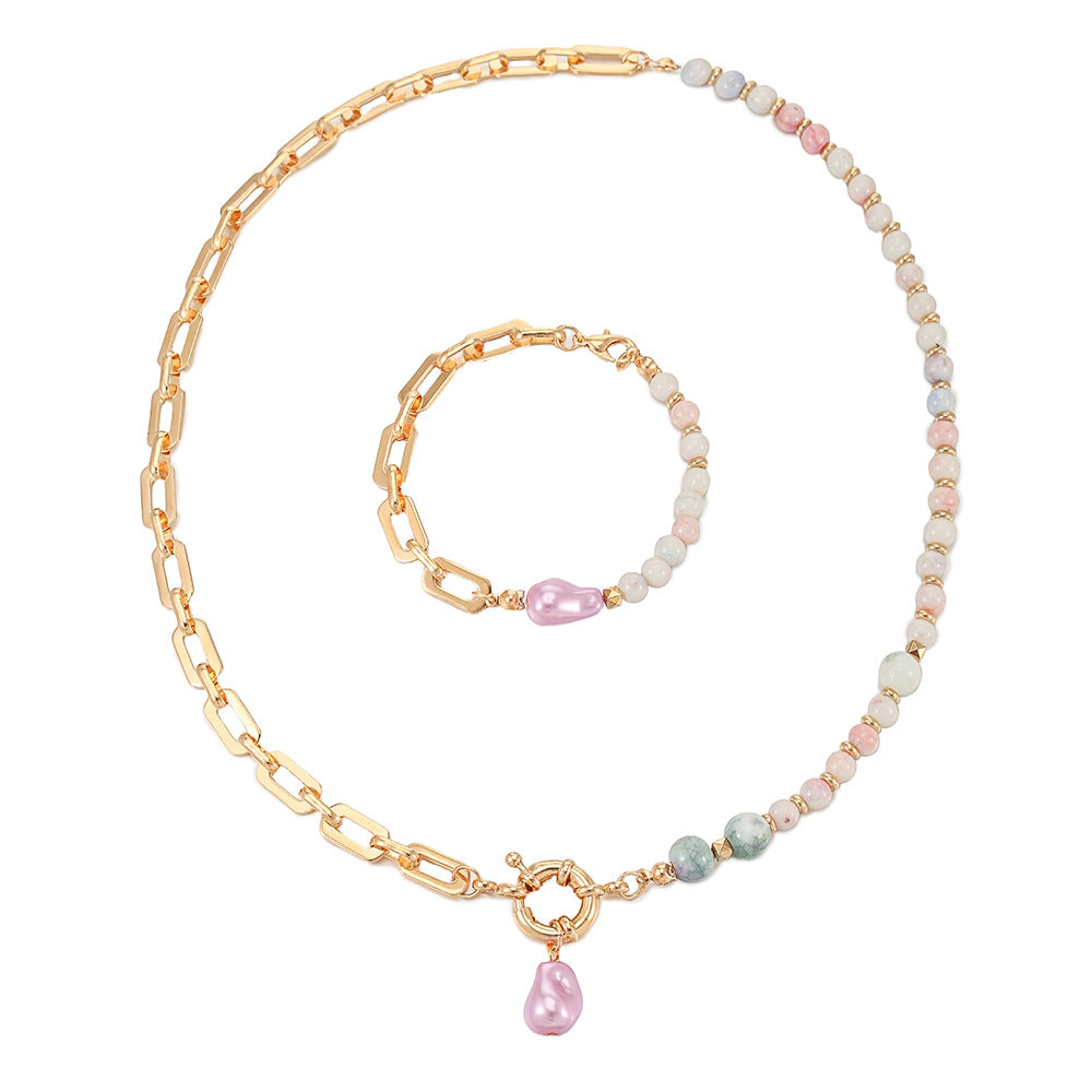 Fashion Geometric Round Imitation Pearl Plated Alloy Necklace and Bracelet Set
