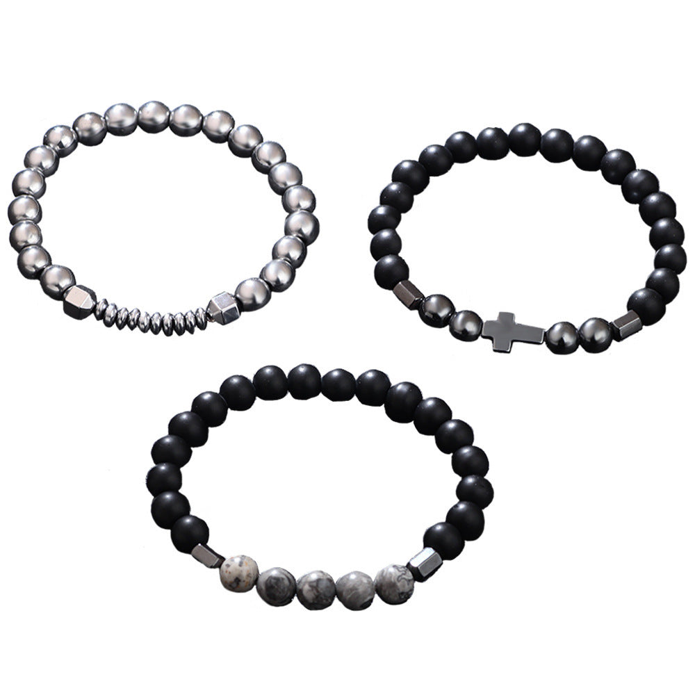 Vintage Cross Geometric Hematite Stretch Bracelet Unisex Handmade Stone Beads
